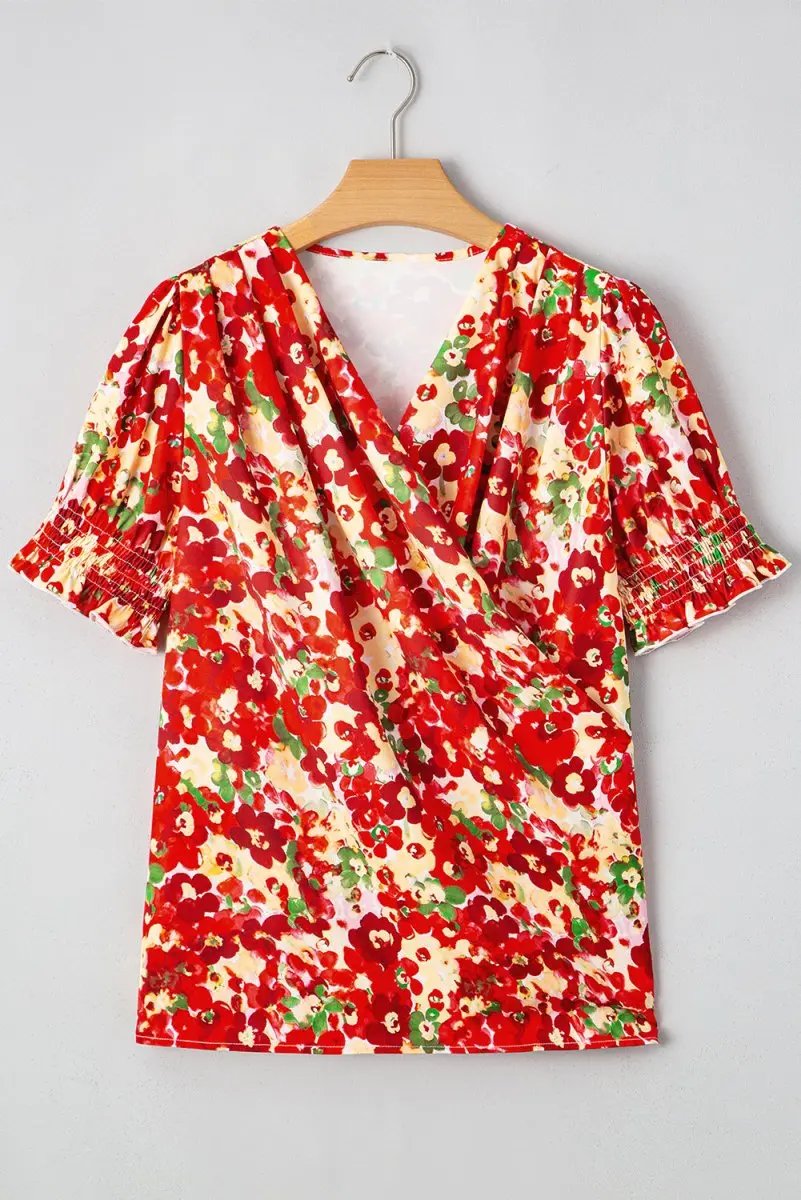 Red Floral Bubble Sleeve Pleated V Neck Wrap Blouse for Women - Love Salve